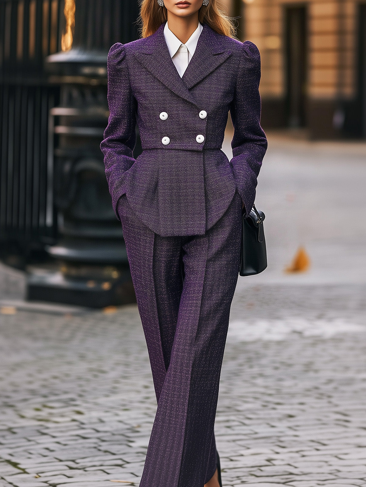 Deep Purple Tweed Blazer Suit Set