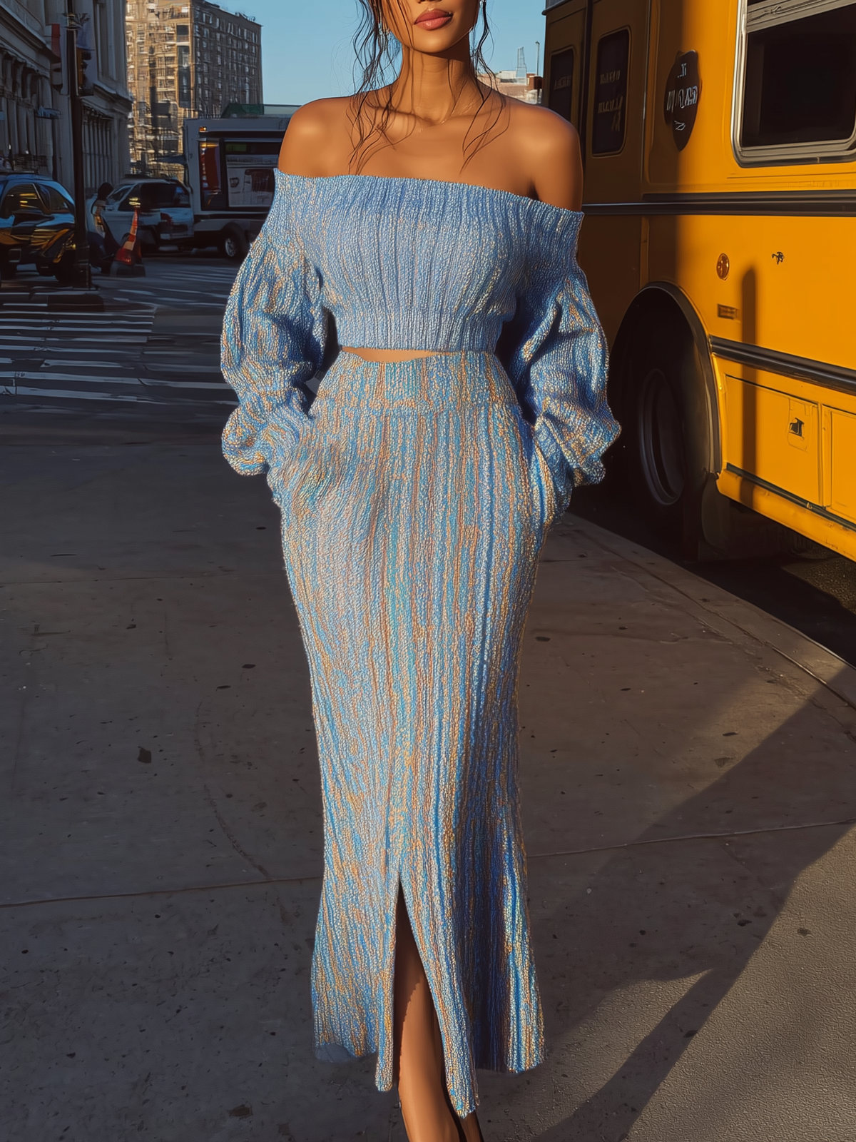 Blue Off - Shoulder Knit Top And Midi Skirt Set