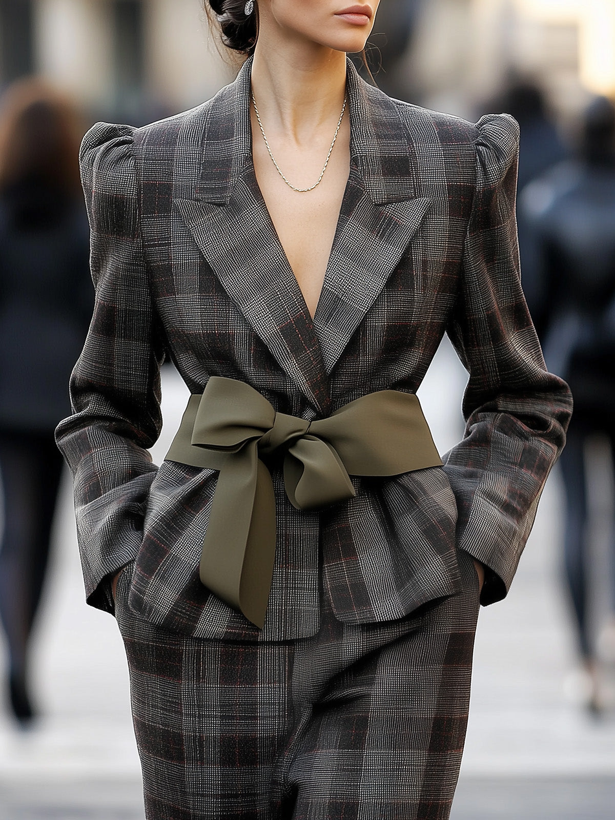 Green Checkered Blazer Boasting Belt