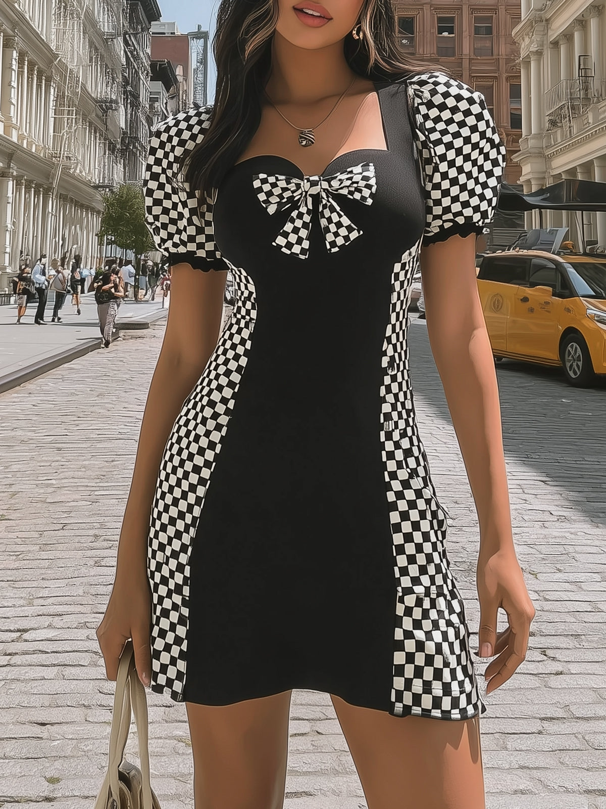 Checkered Patchwork Bow Dress