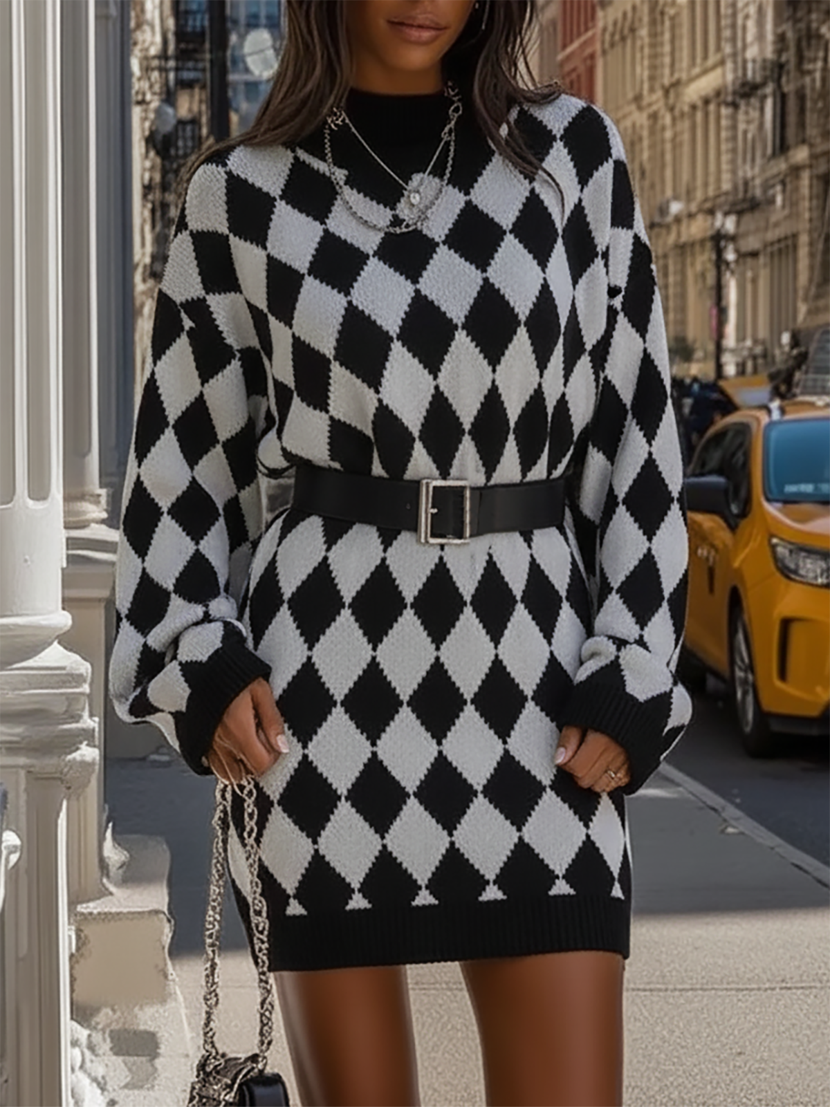 Black And White Argyle Knit Dress With Belted Waist