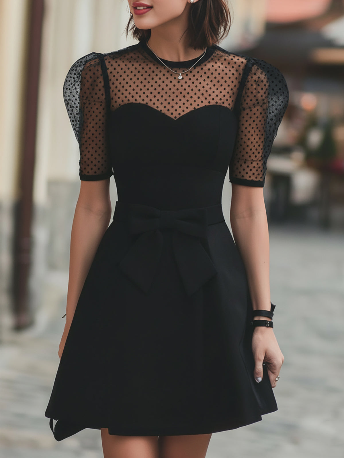 Black Dress With Polka Dot Mesh Sleeves