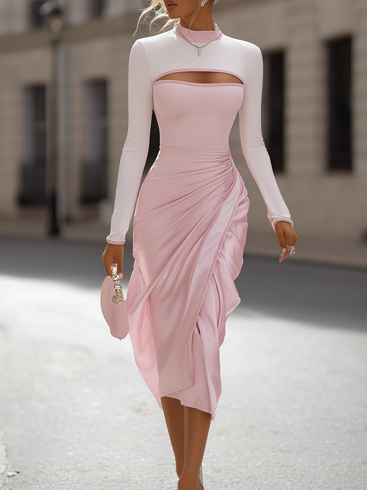 Elegant Light Pink Color-Block Ruched Midi Dress With Cutout Detail