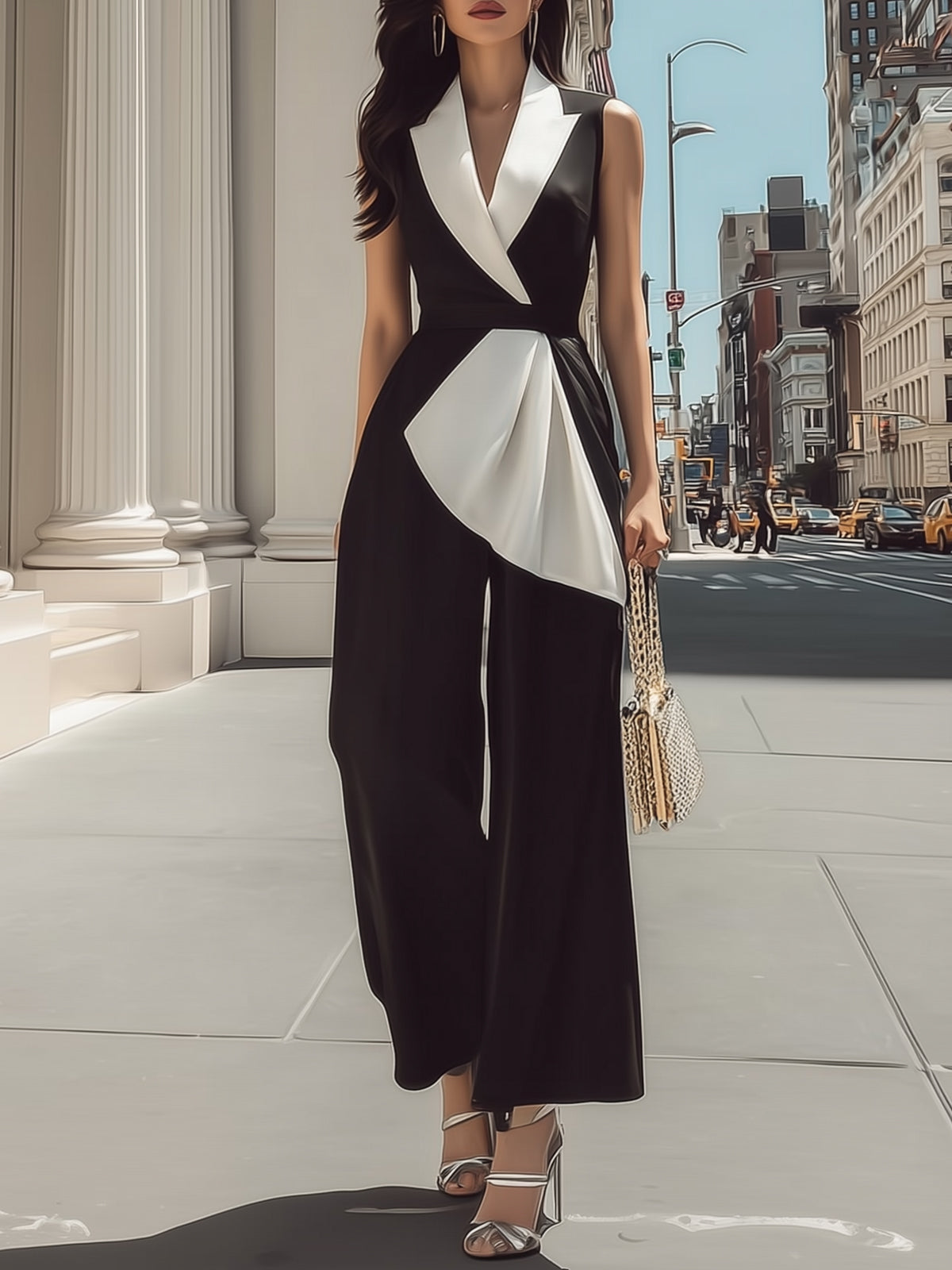 Black And White Color-blocked Sleeveless Fitted Waist Wide-leg Jumpsuit