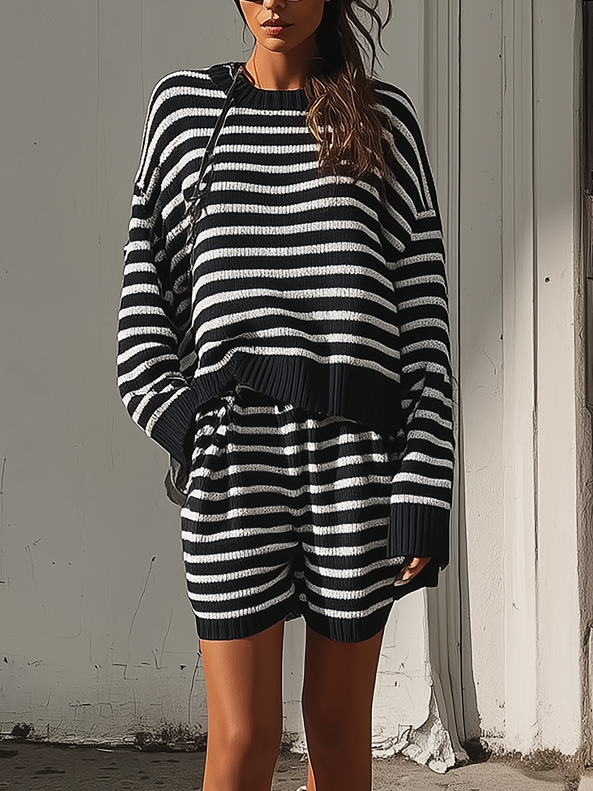 Striped Knit Sweater And Shorts Set