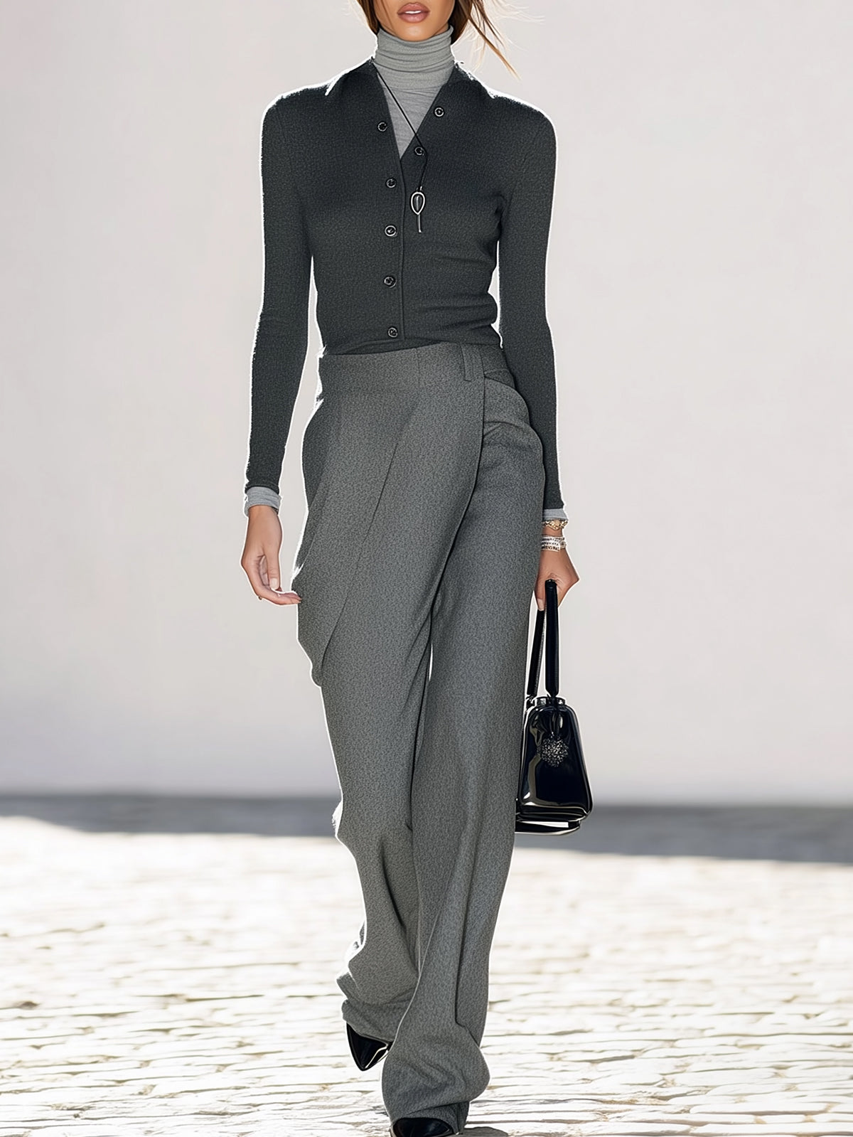 Stylish Dark Grey Knit And Trousers Outfit