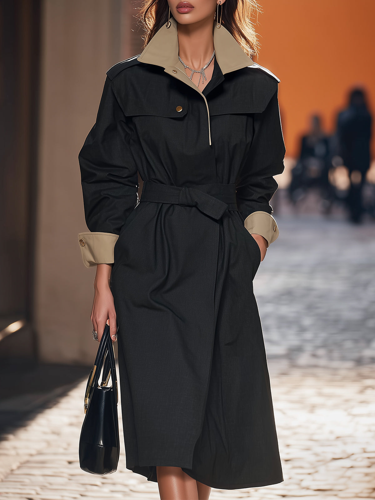 Black Trench Coat With Light Khaki Details