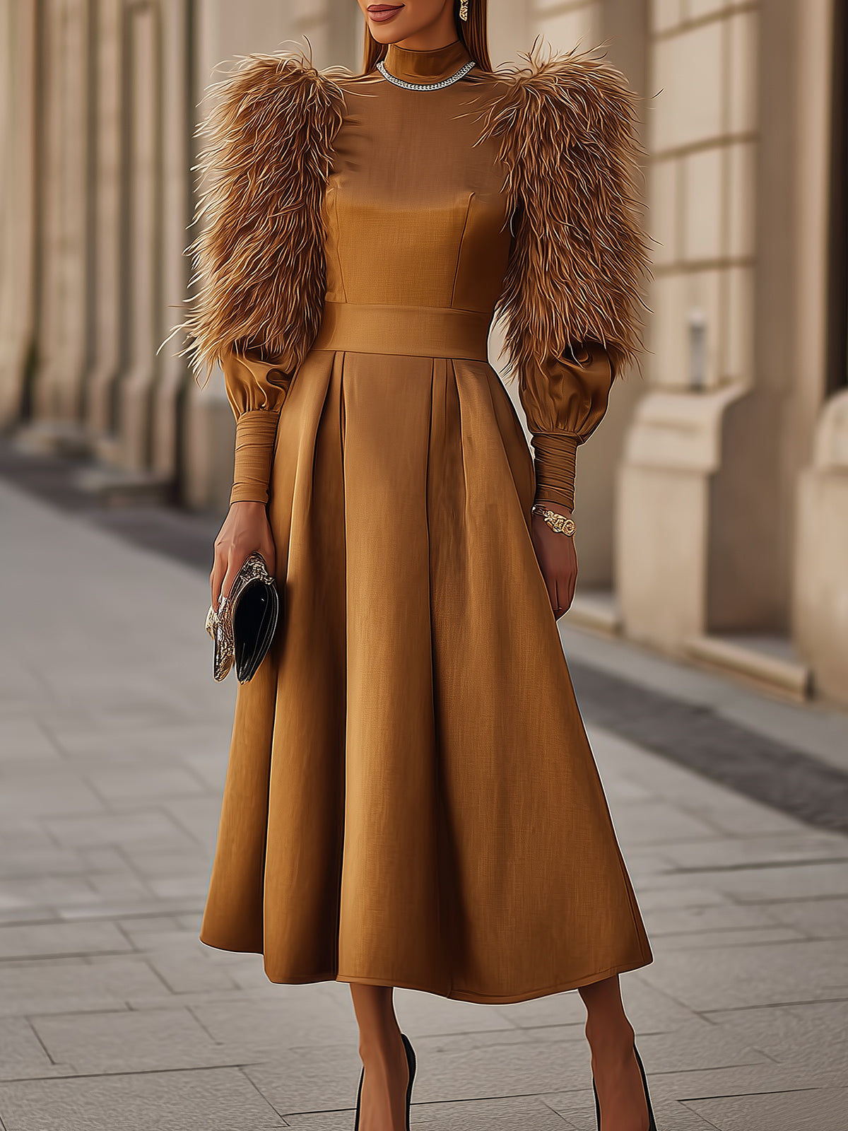 Mustard Satin A-Line Midi Dress With Feather Sleeve Details