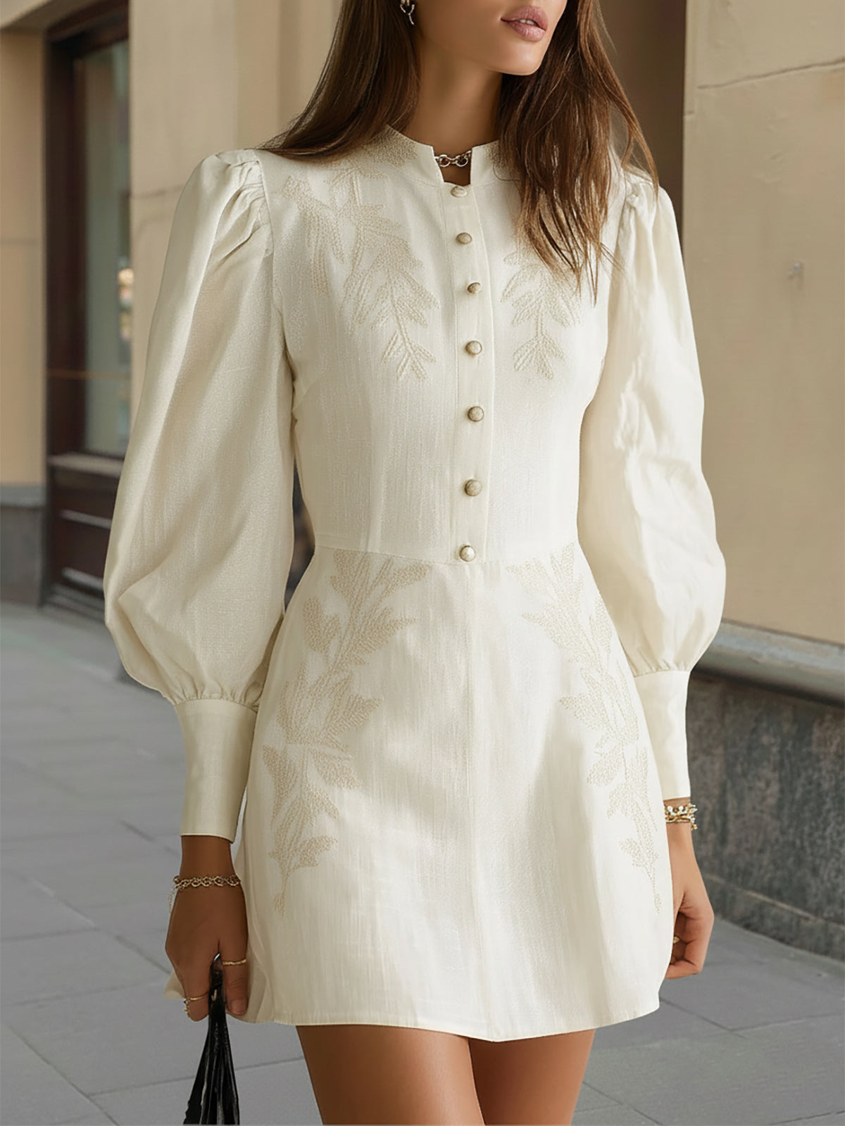 Cream Linen Blend Embroidered Dress