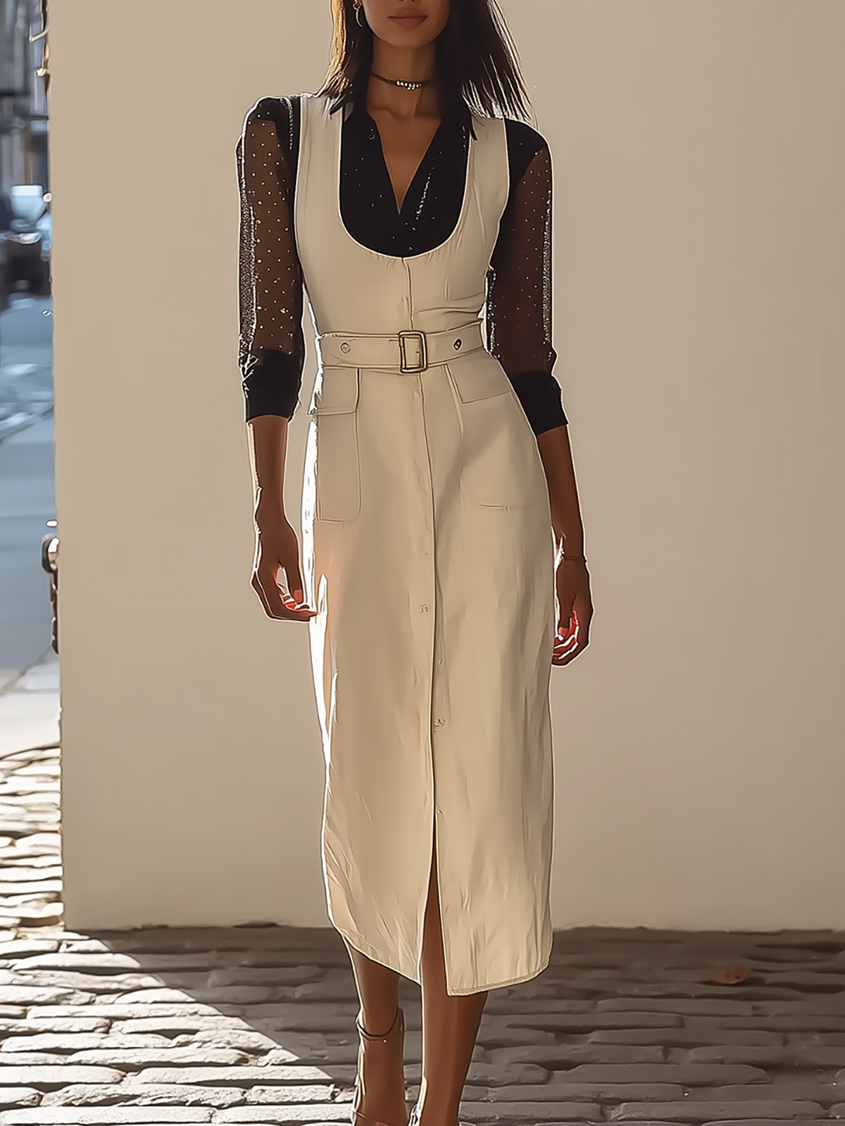 White Belted Midi Pinafore Dress With Sheer Black Top