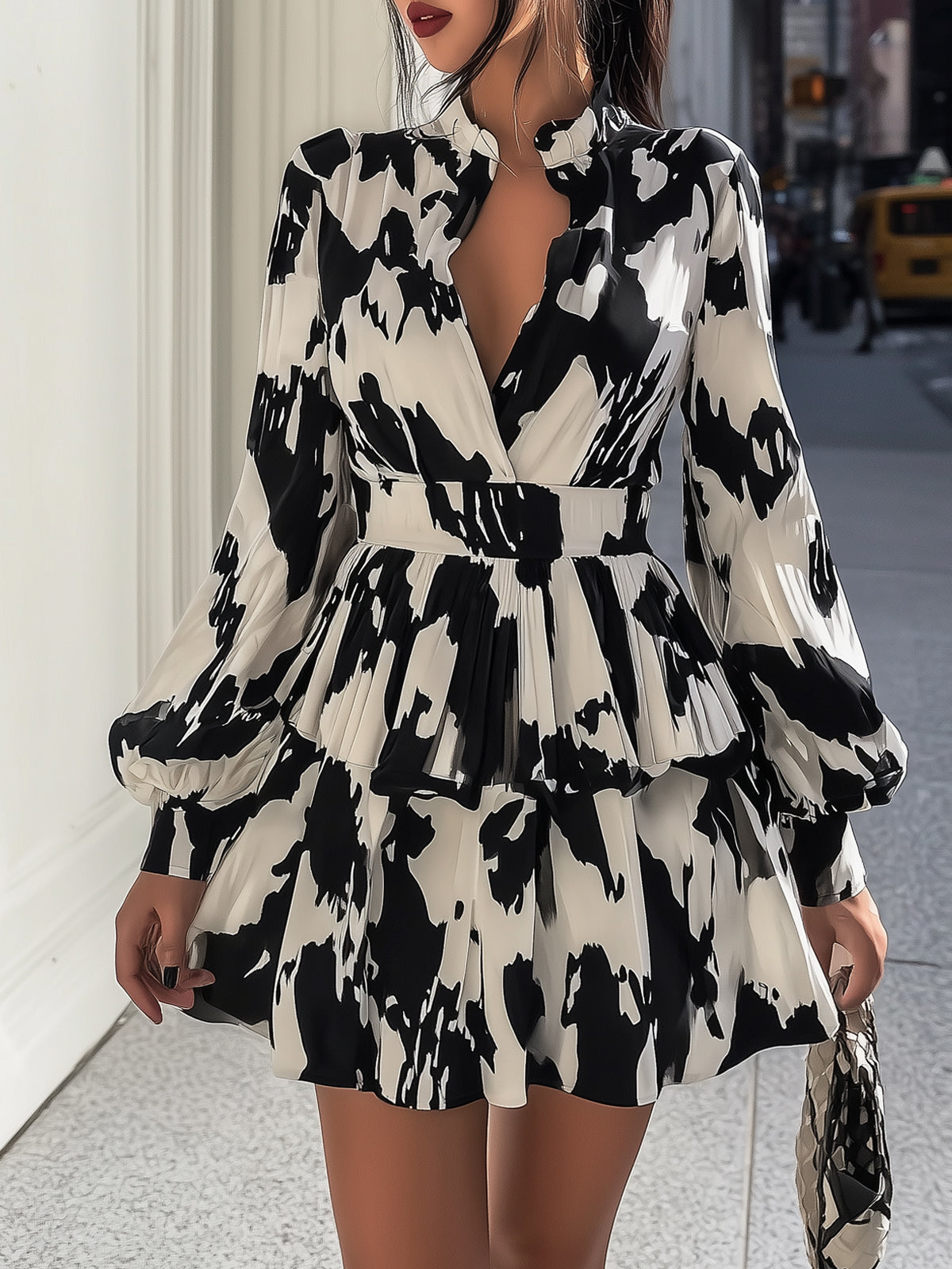 Black And White Abstract Print Ruffle Dress