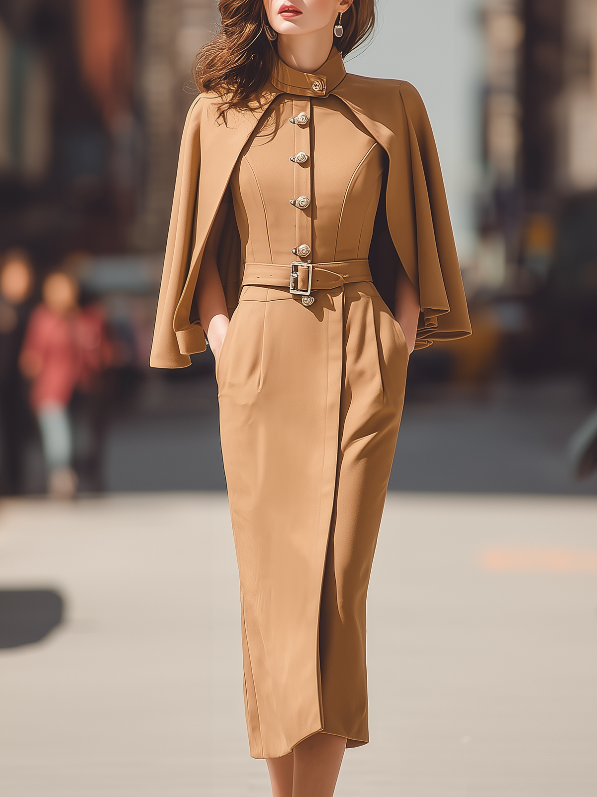 Cape Sleeve Blazer Dress: Mandarin Collar With Belted Waist