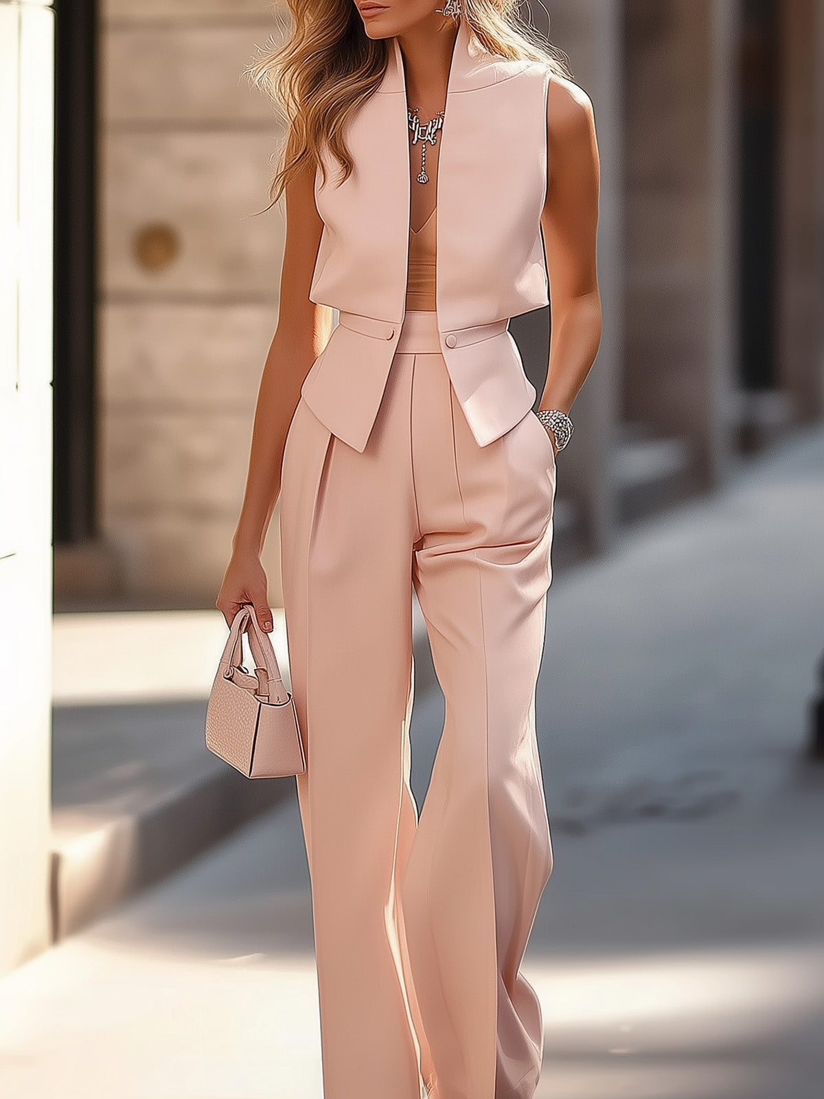 Light Pink Stand Collar Vest Outfit