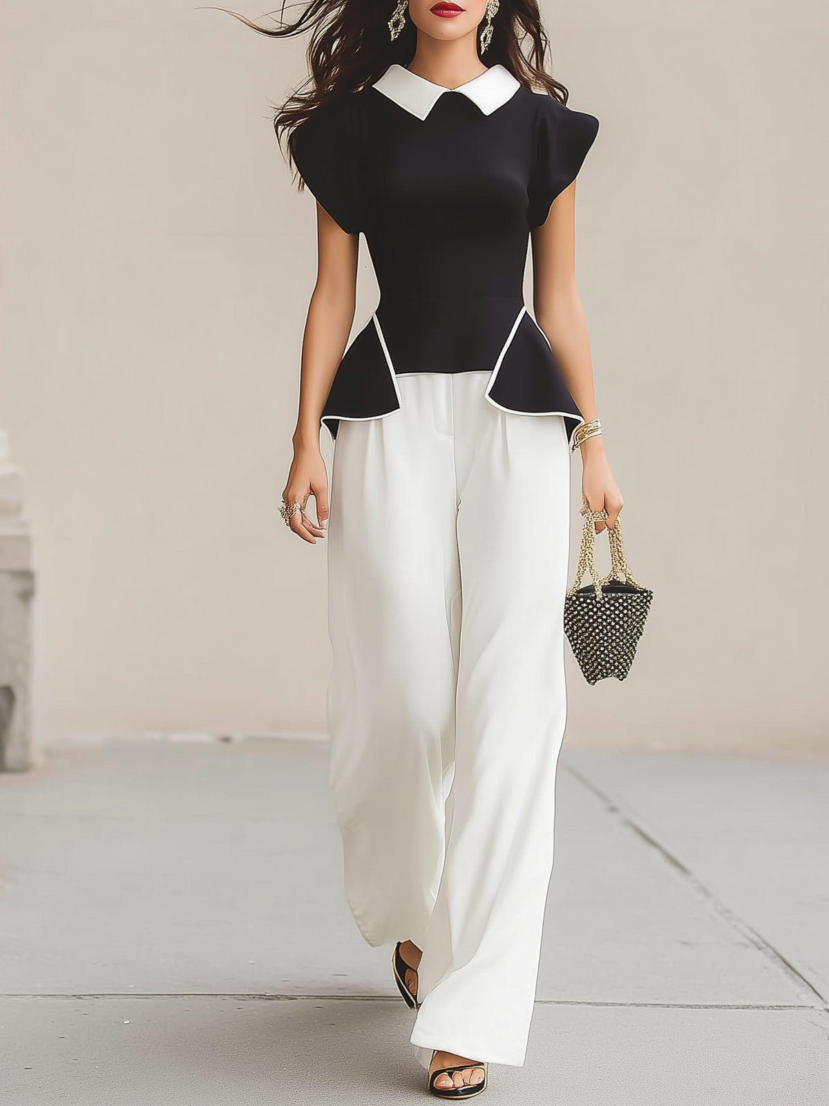 Black And White Patchwork Waist-cinching Ruffle Two-piece Set