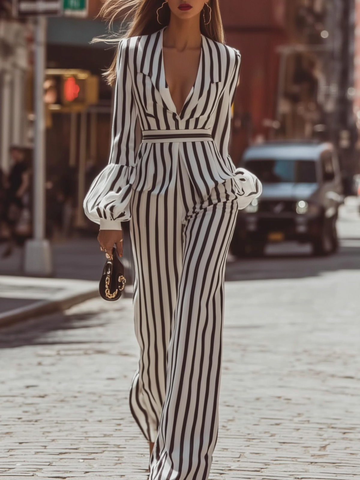 Striped Wide - Leg Pants With Puff Sleeves