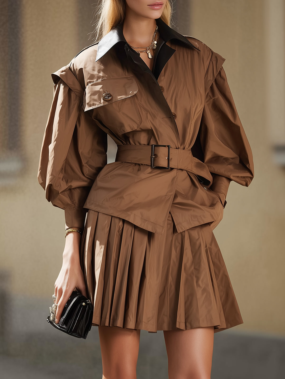 Brown Pleated Skirt Set With Black Collar