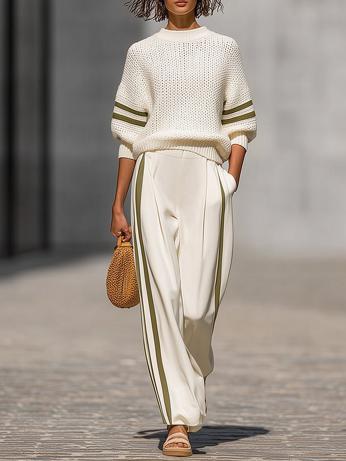 Cream White Knitted Wide-leg Pants Set With Side Stripes