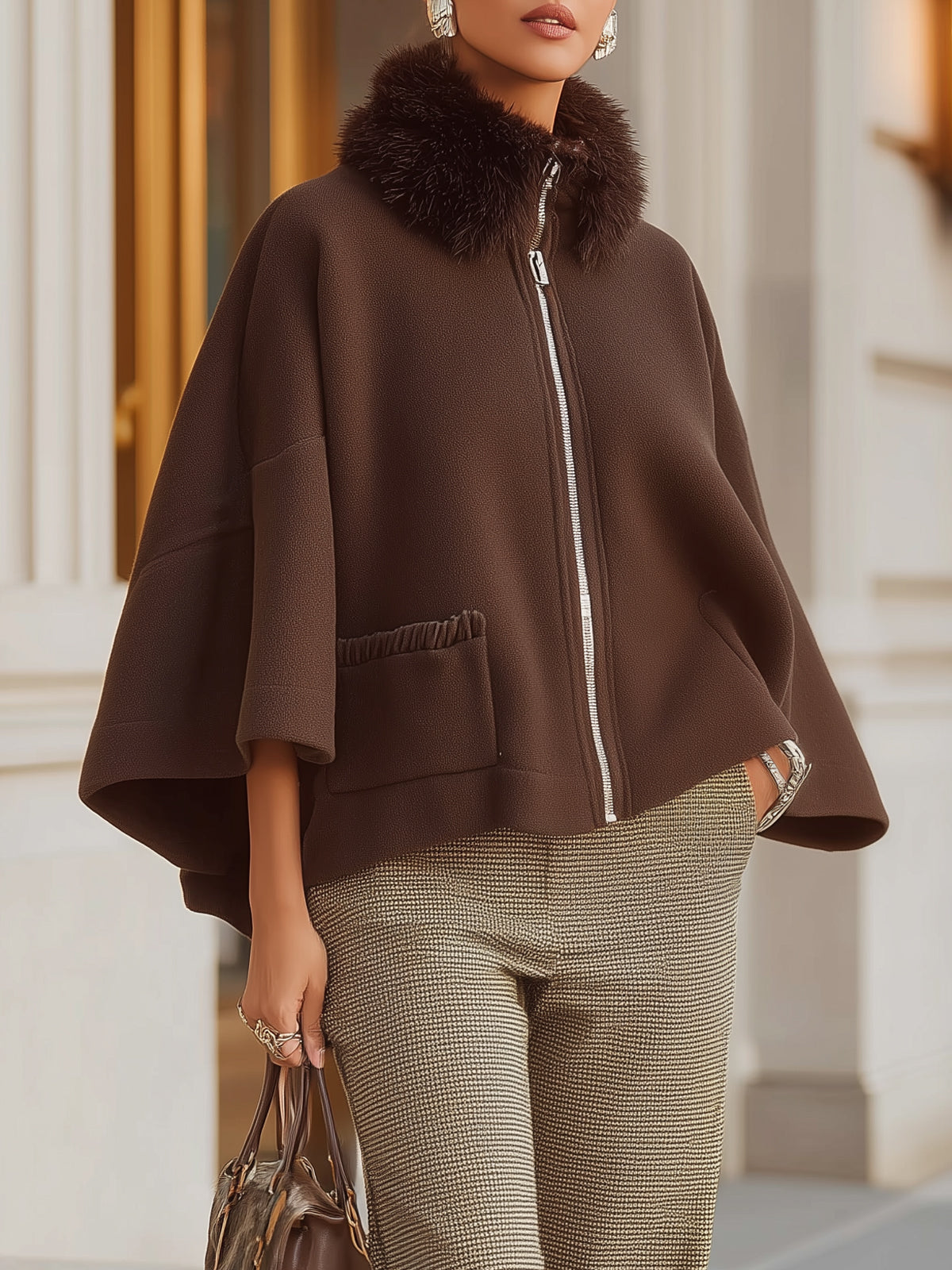 Dark Brown Plush Collar Pocket Cape Coat