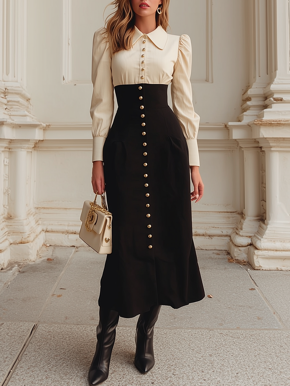 Cream Shirt And Black Skirt Suit Set With Gold Button Detail