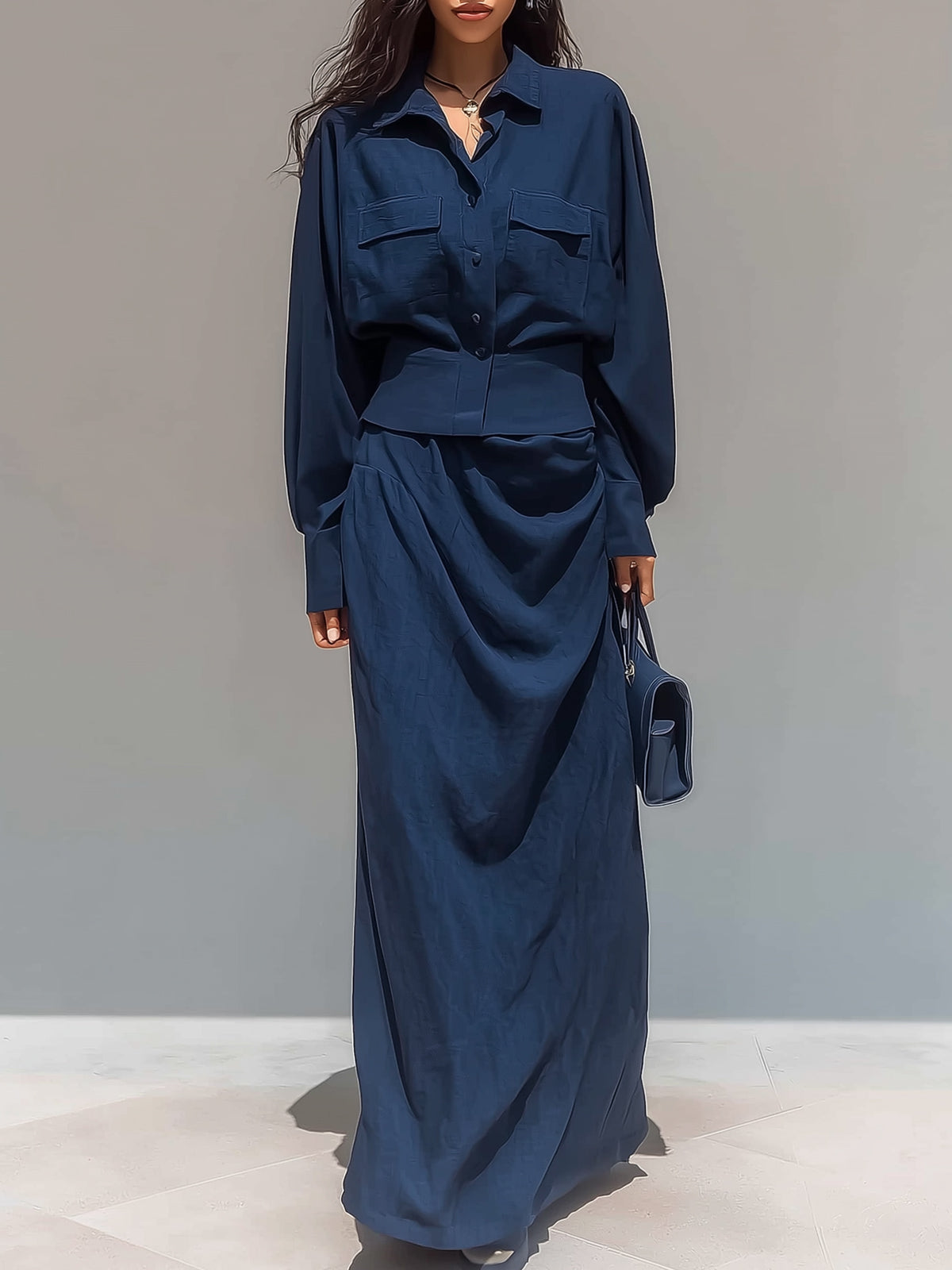 Navy Blue Slim Waist Casual Set