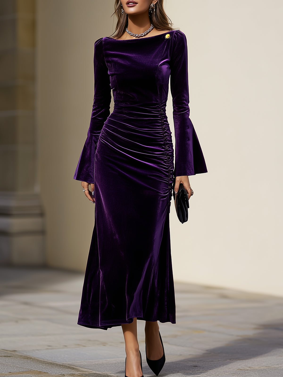 Deep Purple Velvet A - Line Midi Dress With Flared Cuffs