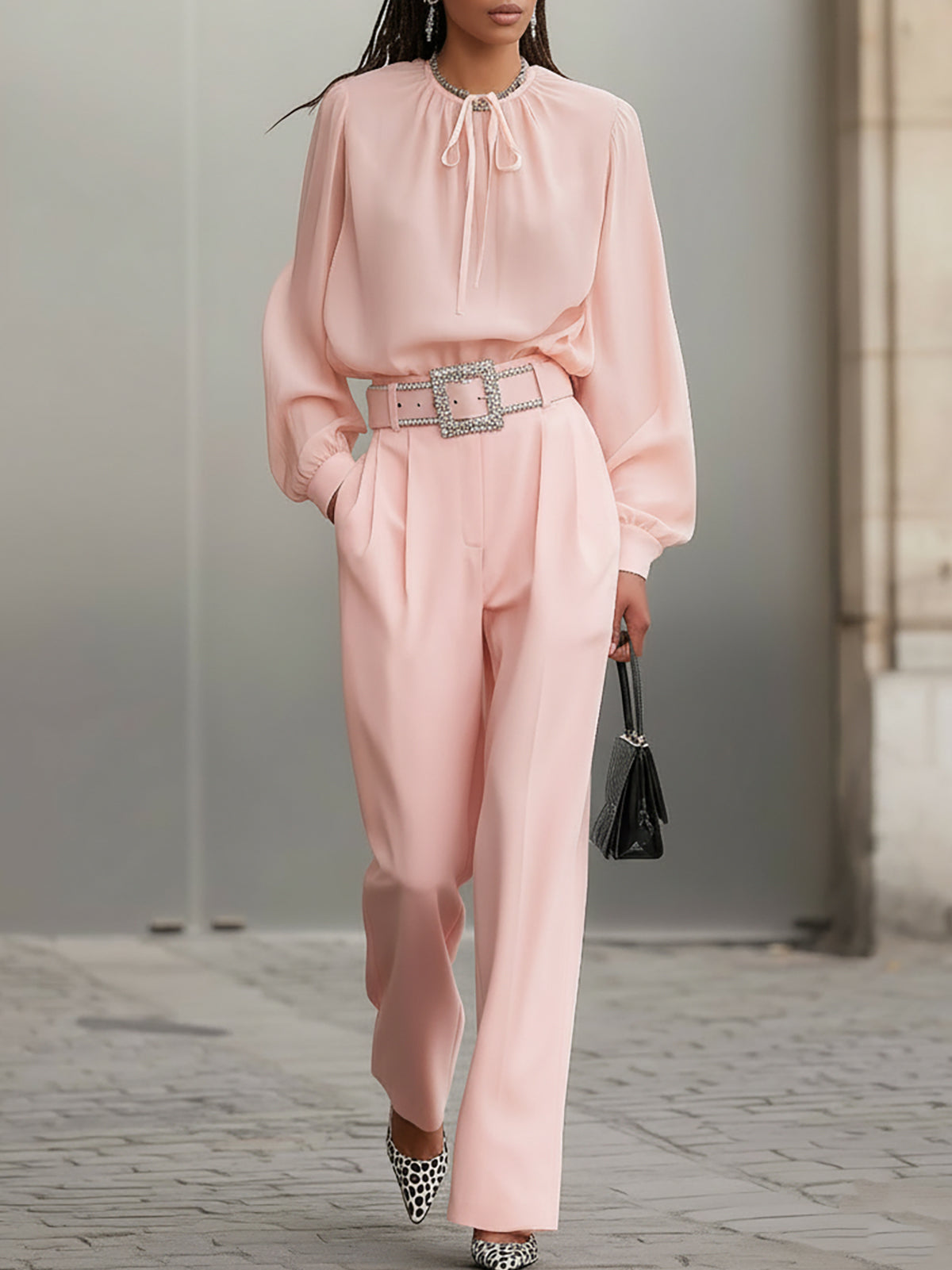 Pale Pink Chiffon Blouse And Trouser Set(Without Belt)