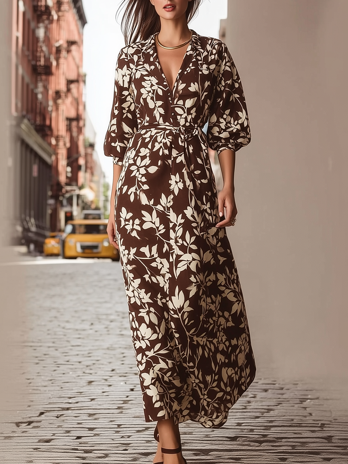 Flowy Brown Floral Maxi Dress With Self Tie Belt