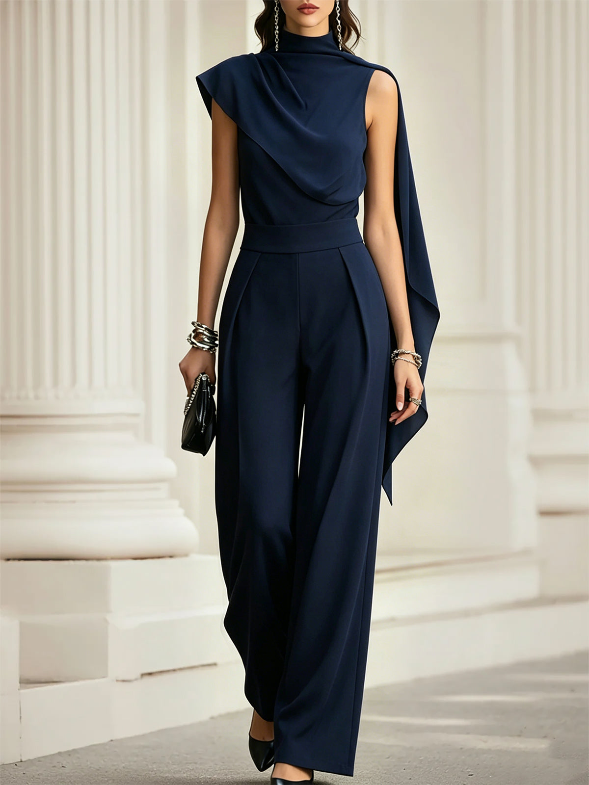 Navy Chiffon Draped Top And Wide Leg Pants Set