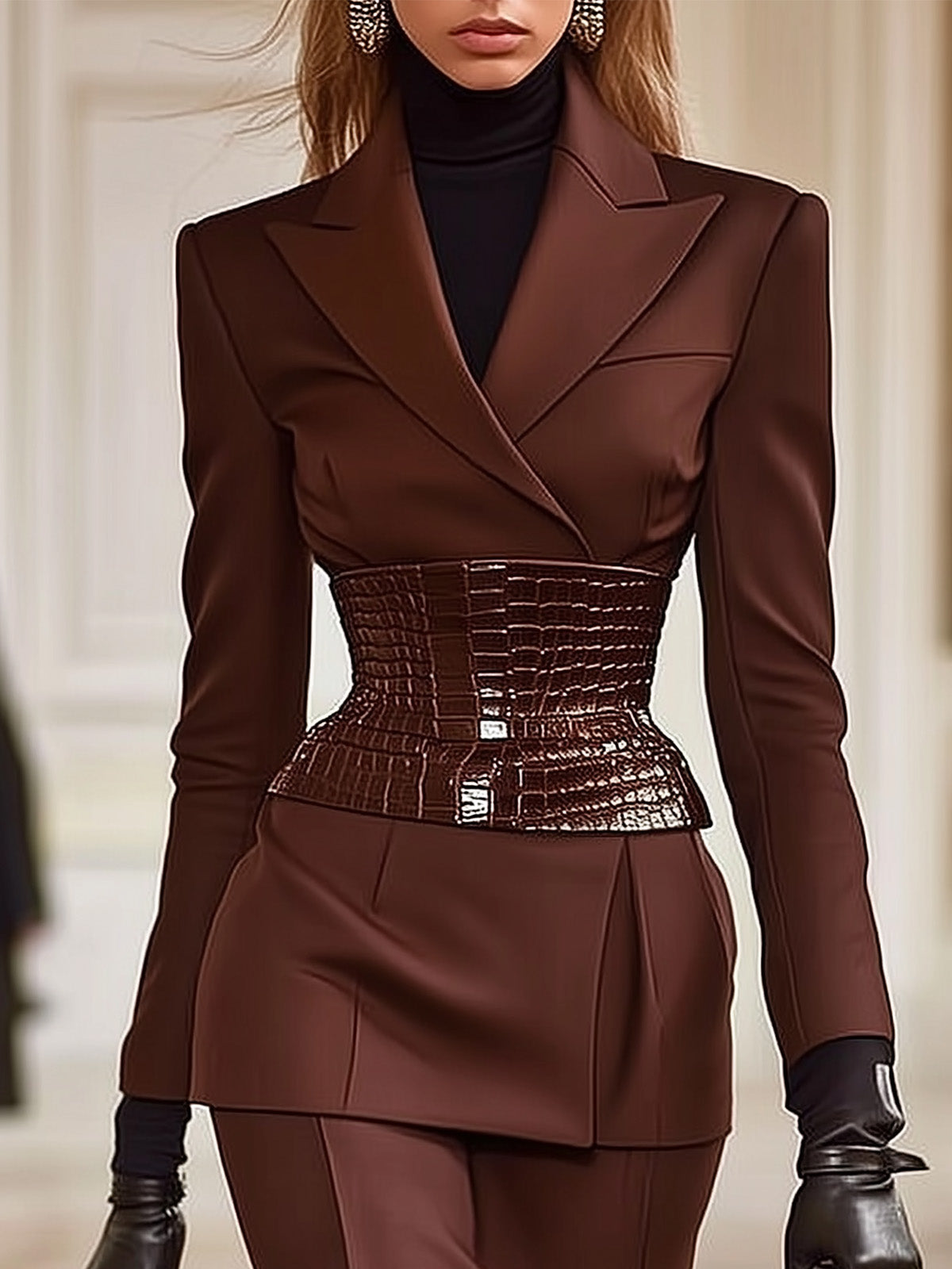 Rust Brown Blazer With Crocodile Waist Accent