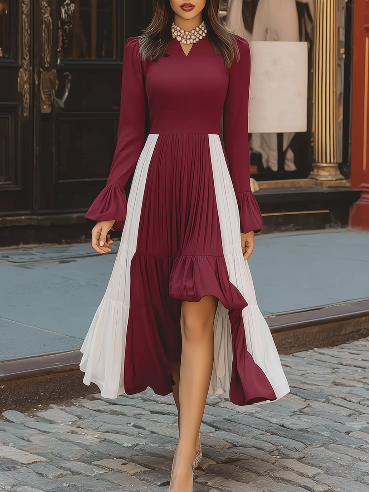 Burgundy And White Pleated Midi Dress