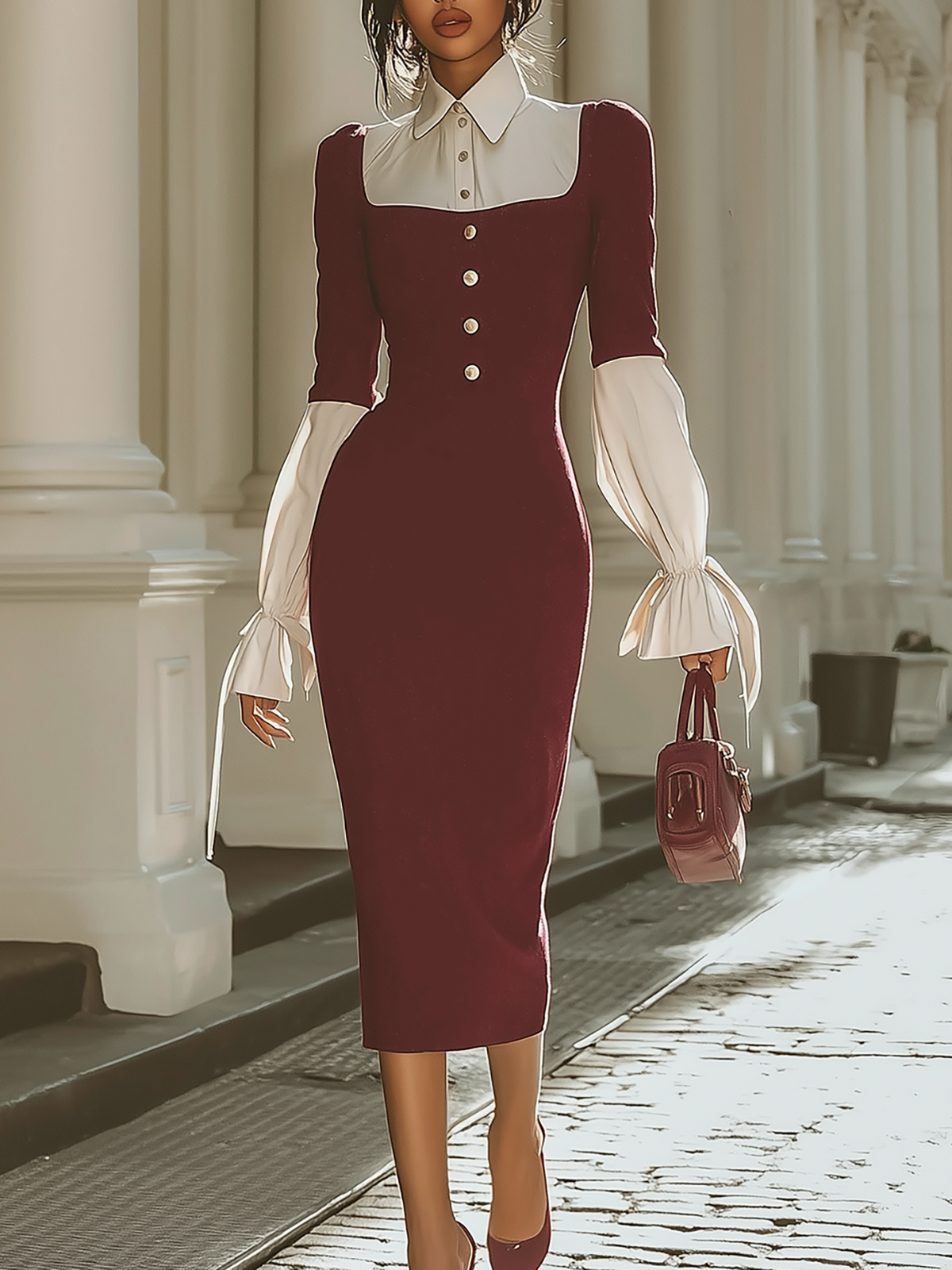 Stylish Burgundy Midi Dress With Contrast Shirt Collar And Puff Sleeves