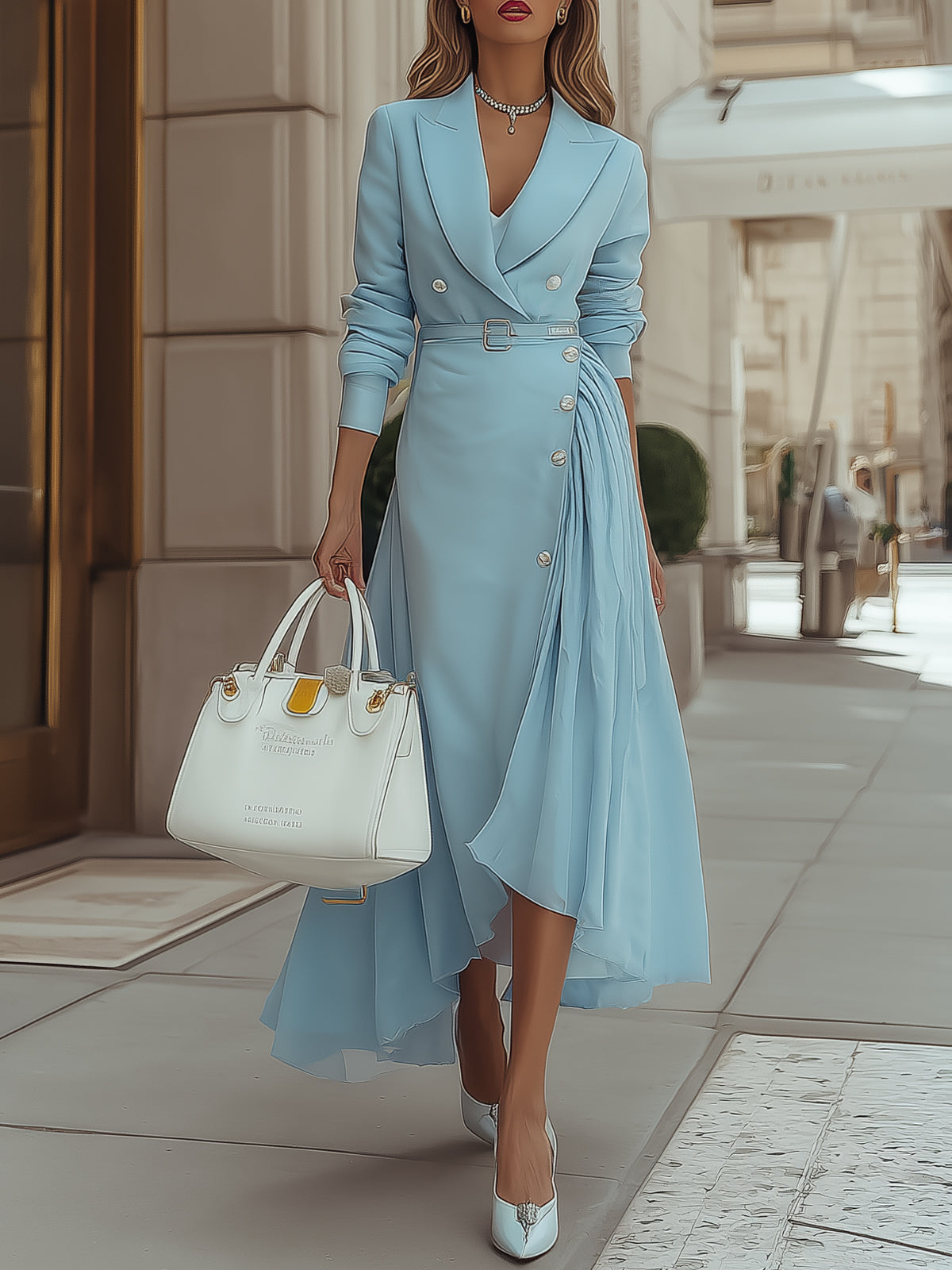 Ice Blue Suit-Style Pleated Dress