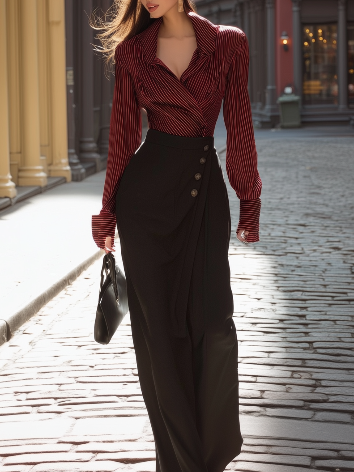 Red Striped Blazer Top With Button Front Skirt
