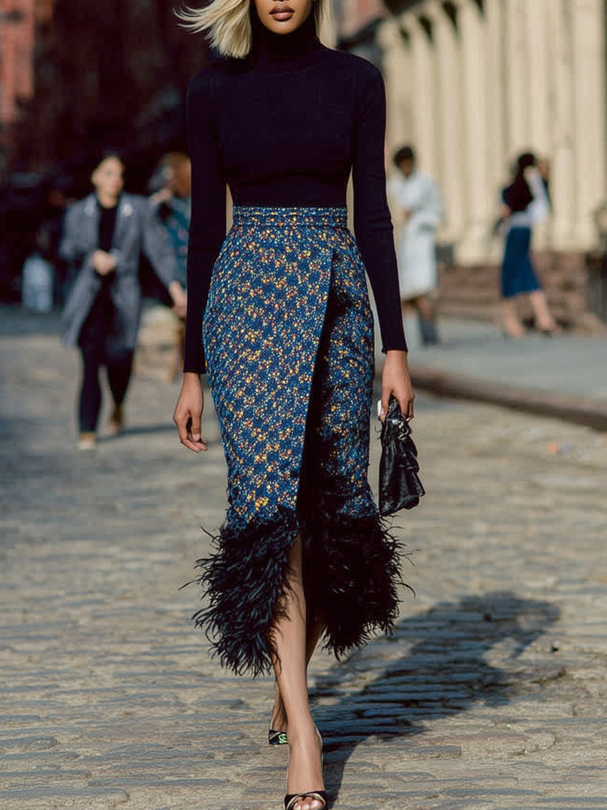 Black Turtleneck Top With Feather Trimmed Skirt