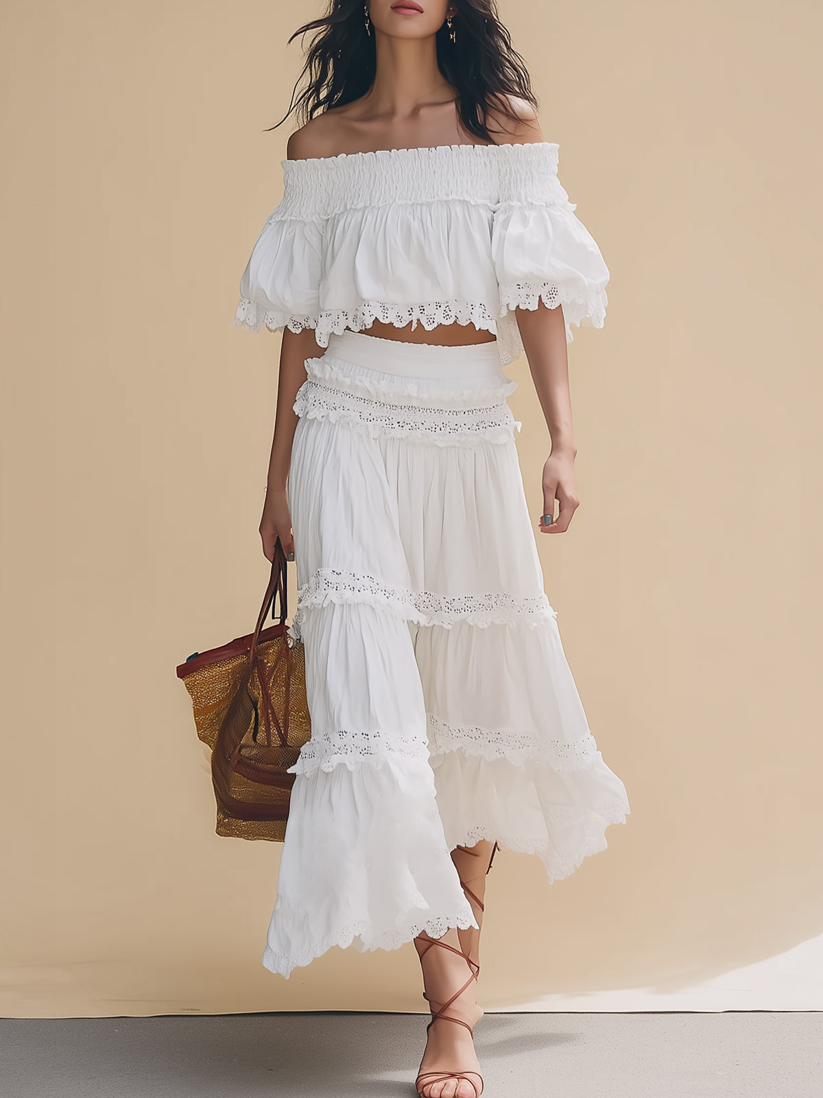 Off-the-shoulder Lace Cake Dress Set