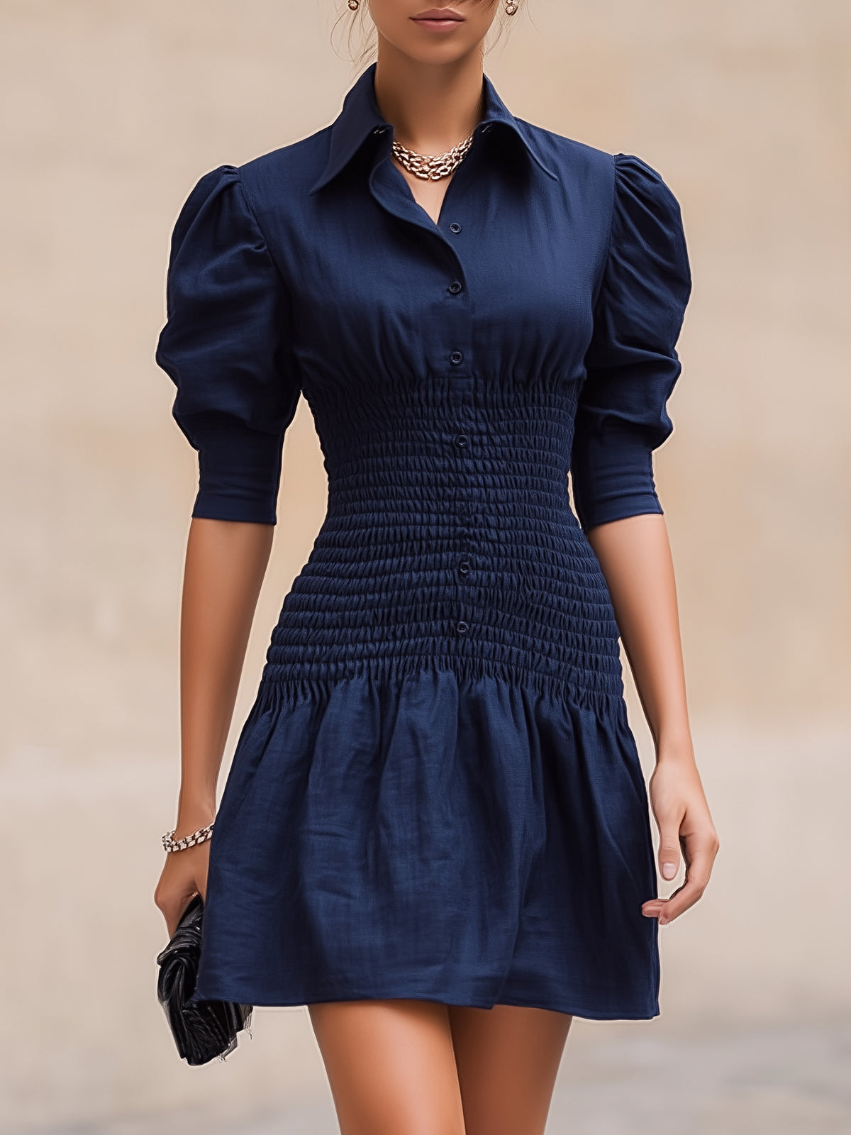 Chic Navy Blue Ruched Waist Shirt Dress
