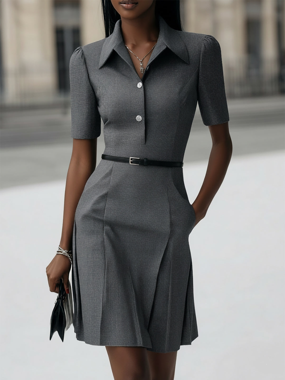 Grey Short Sleeve Dress With Black Belt