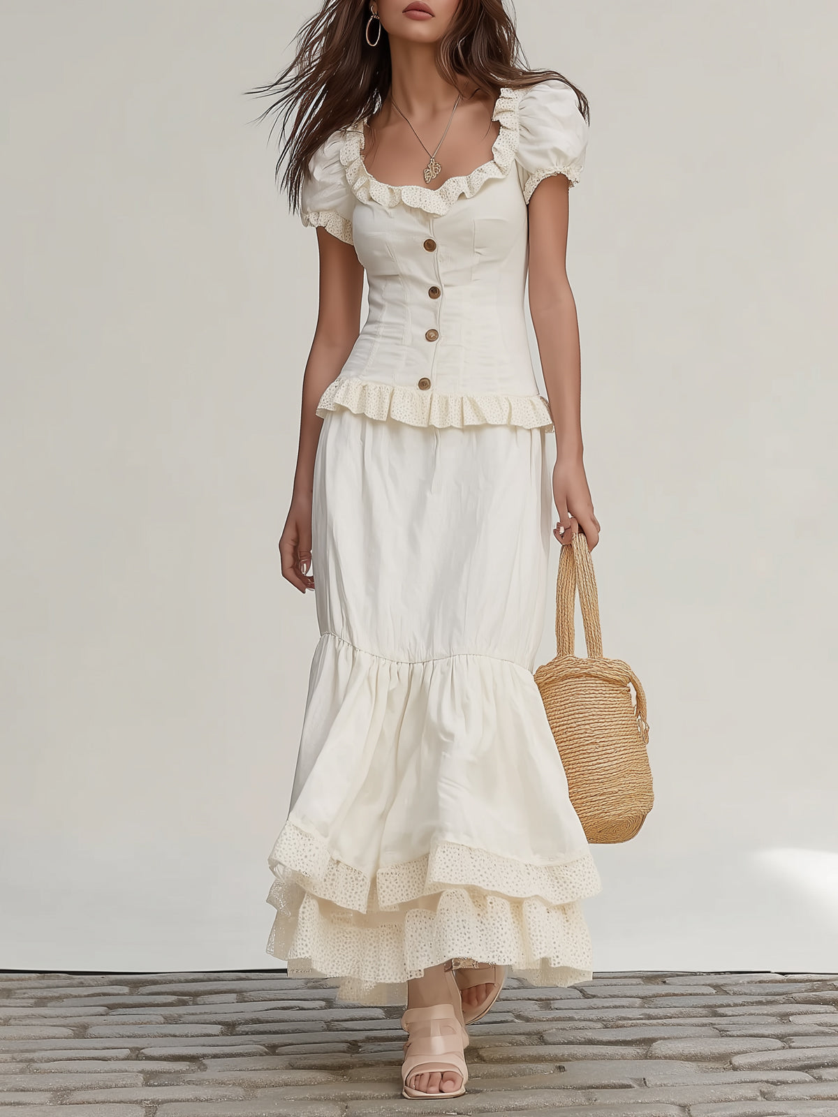 Square Neckline Ruffled Resort Style Cotton And Linen Skirt Set