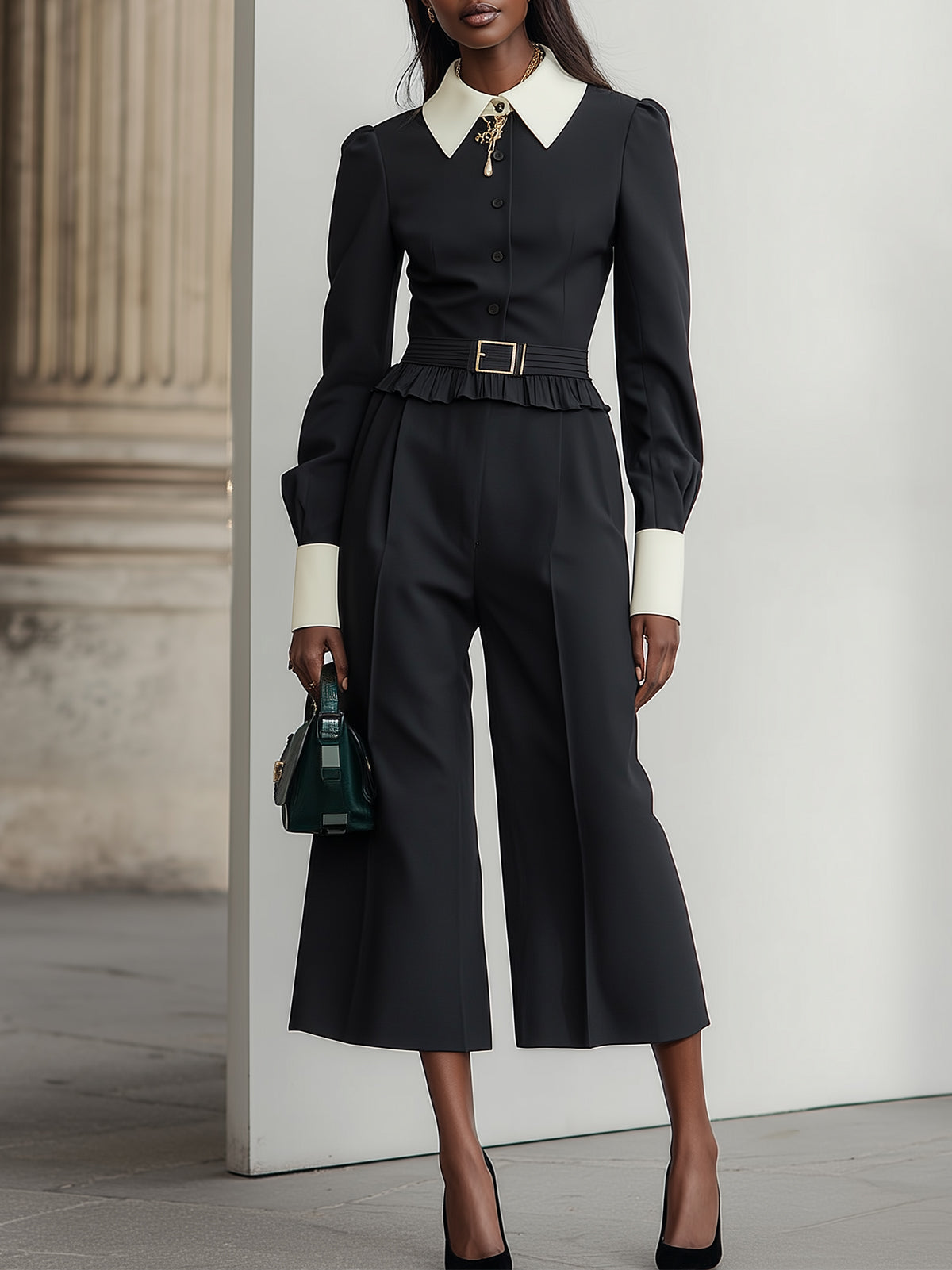 Black And Cream Contrast Shirt Wide Leg Pants Set