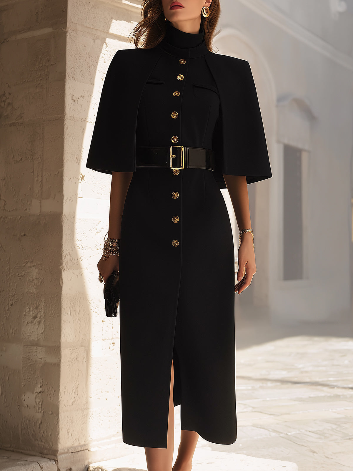 Stylish Black Cape - Sleeved Midi Dress With Belt