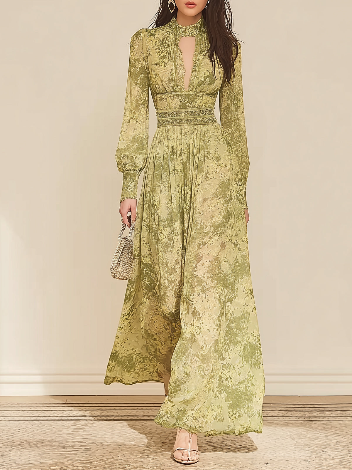 Retro Green Tie-dye Print Lantern Sleeve Long Dress