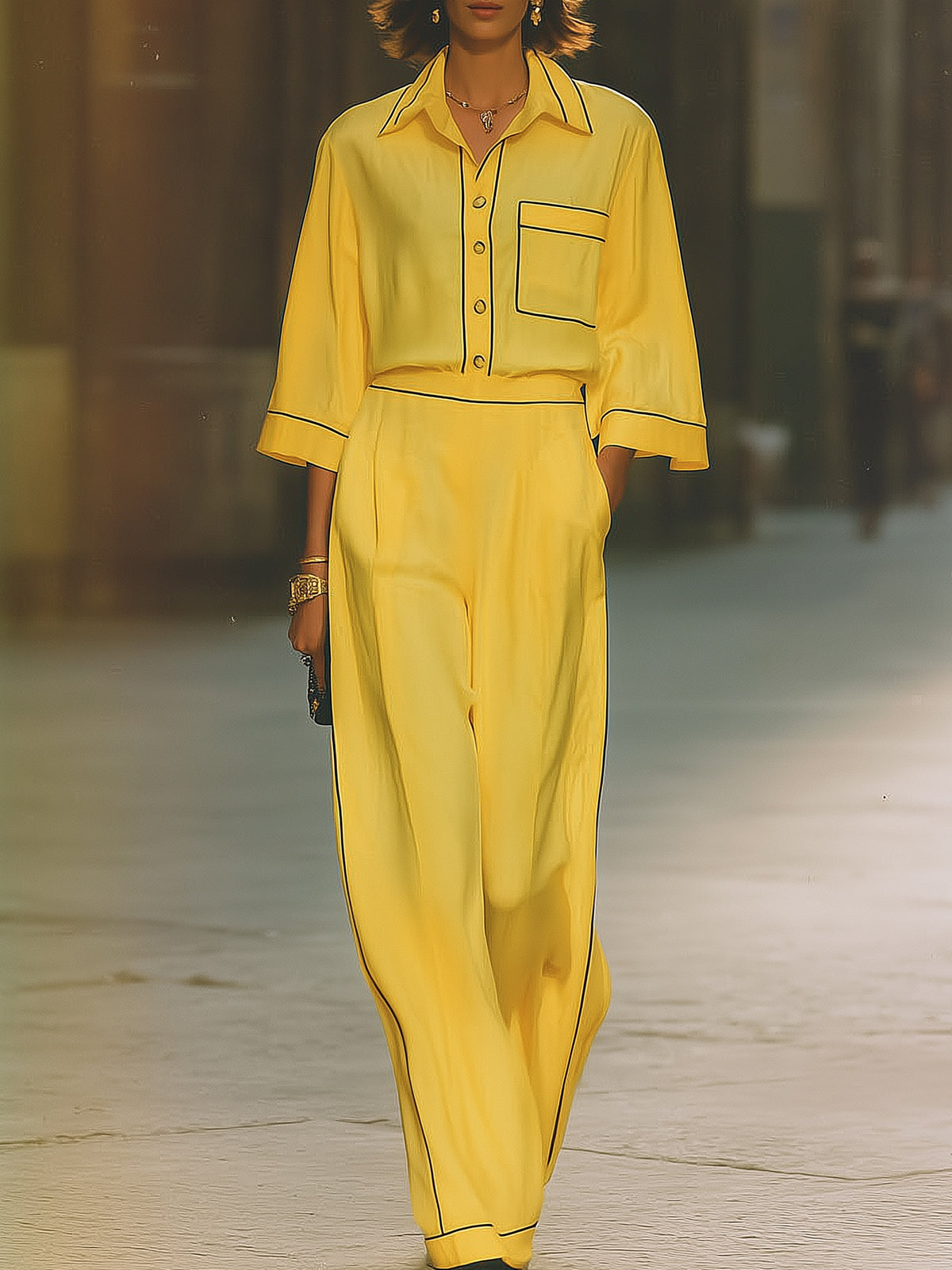 Oversized Yellow Top Wide-Leg Pants Ensemble