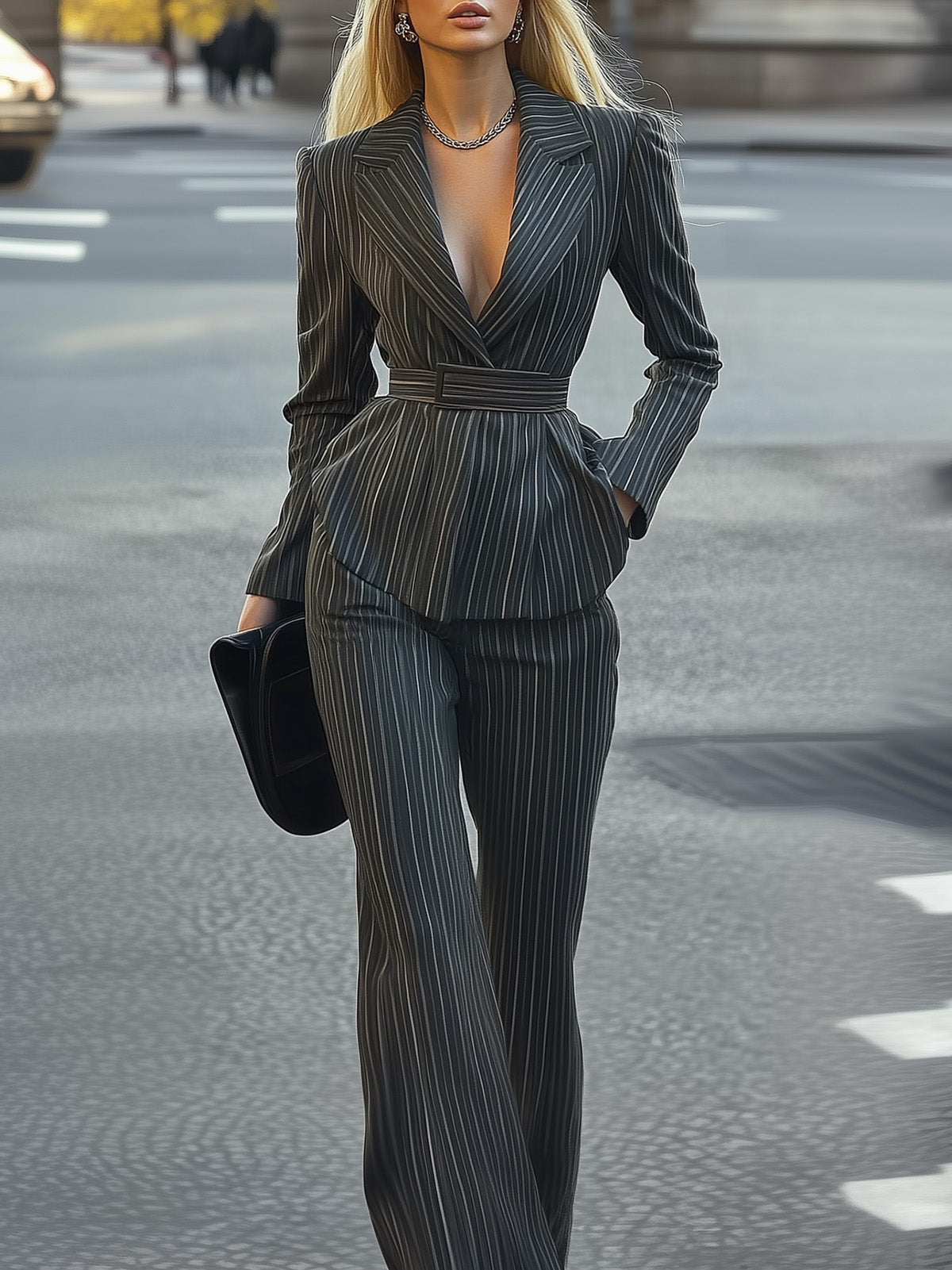 Stylish Dark Green Vertical Striped Blazer