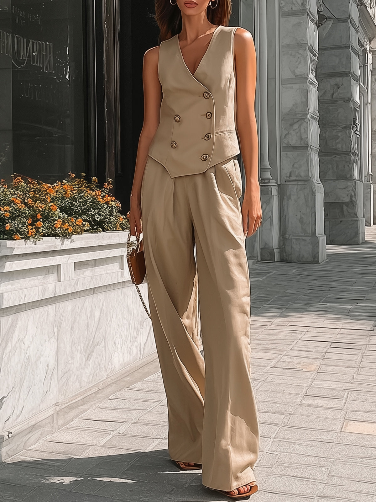 Khaki Double-Breasted Vest Wide-Leg Pants Set