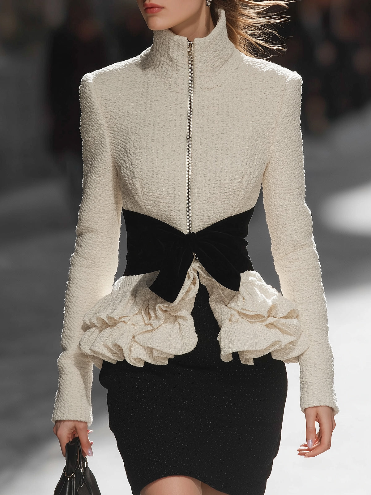 Cream Knit Outerwear Paired With Black Belt