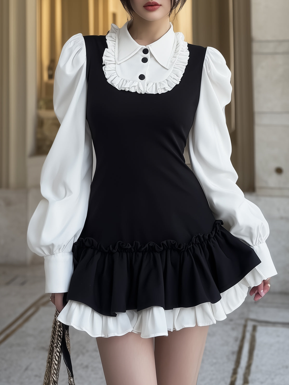 Faux Two-piece Dress With Puff Sleeves And Ruffled Hem