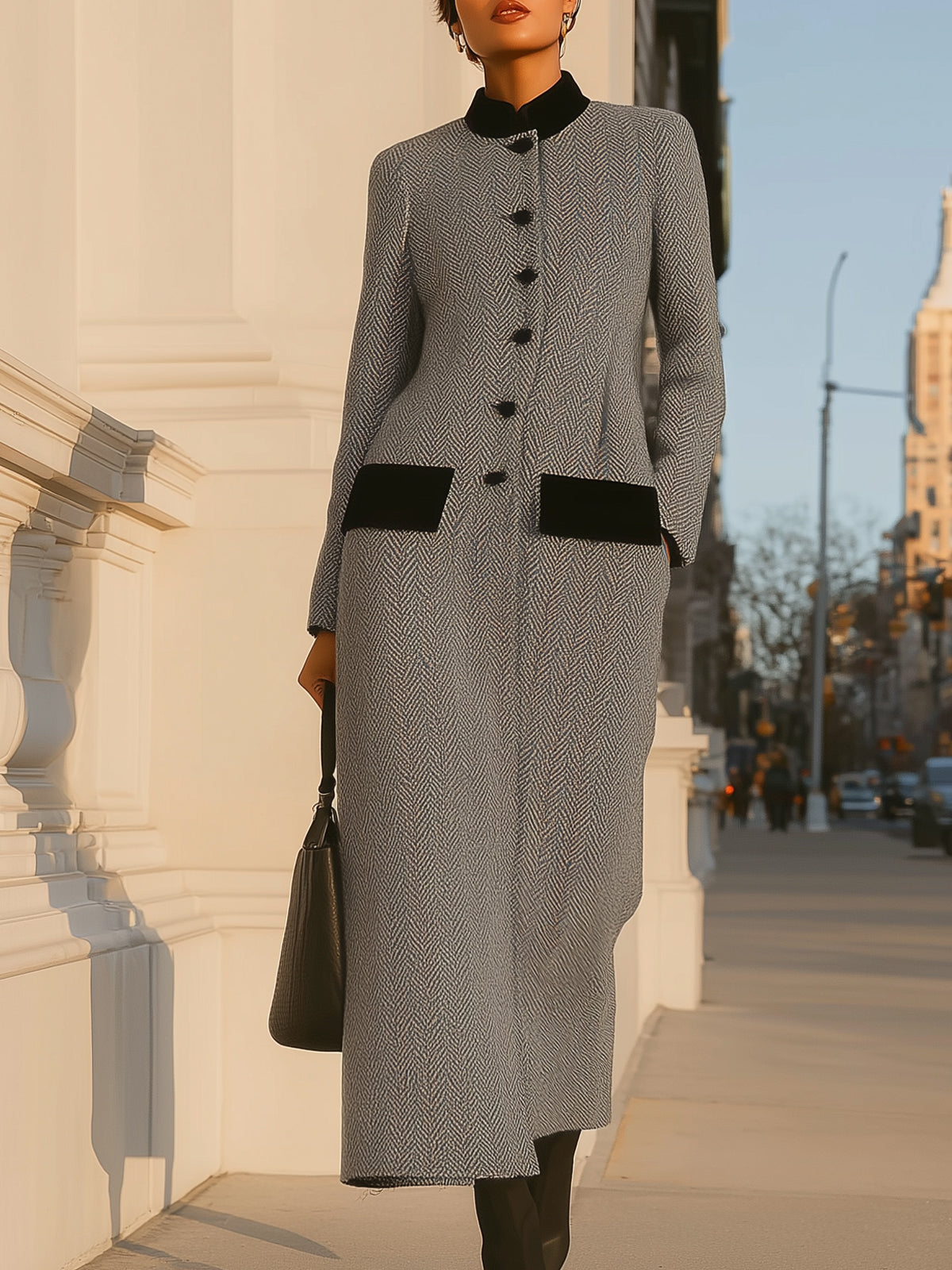 Herringbone Wool Contrast Color Long Coat