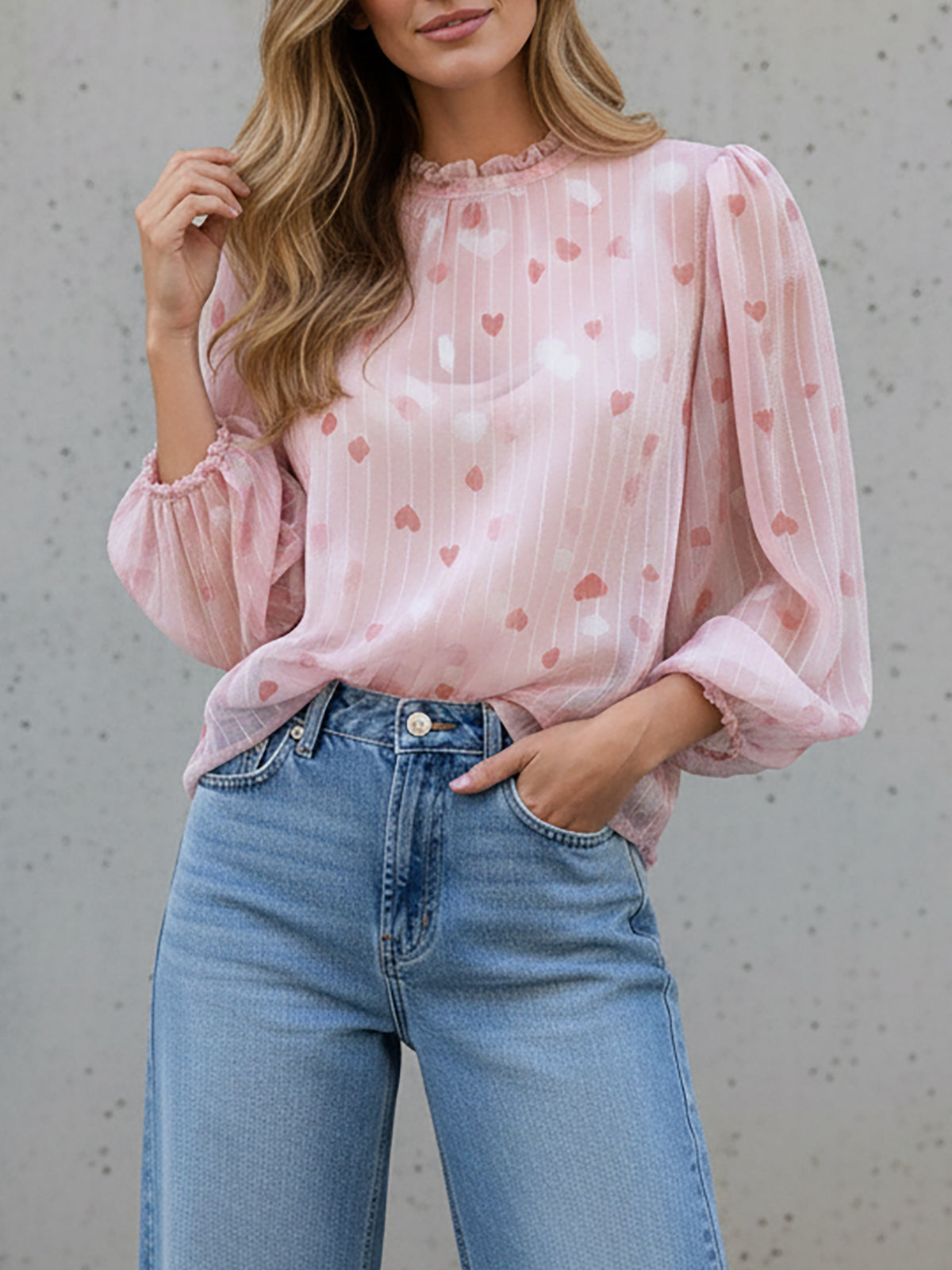 Pink Heart Print Chiffon Blouse