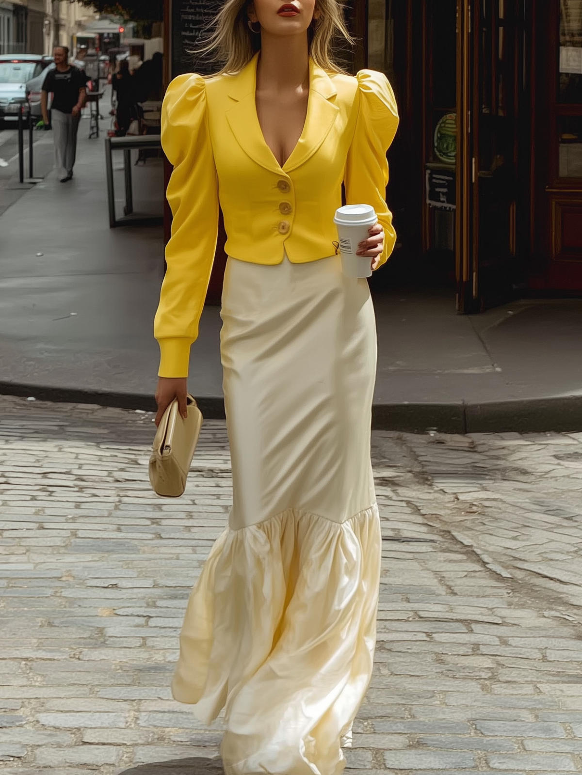 Yellow Puff - Sleeve Cropped Blazer With Cream Maxi Skirt