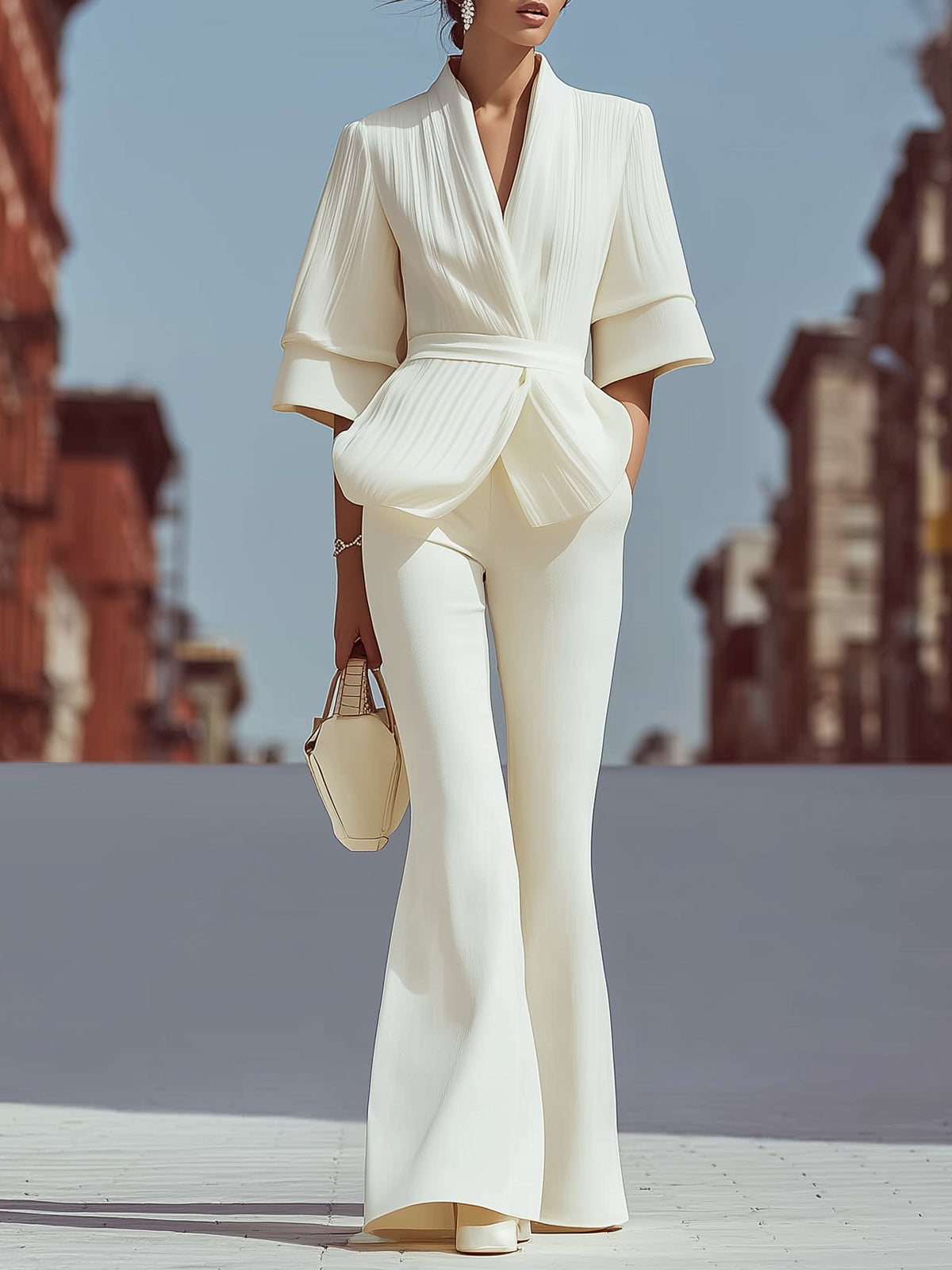 Off-white Wrap Top And Flared Pants Suit